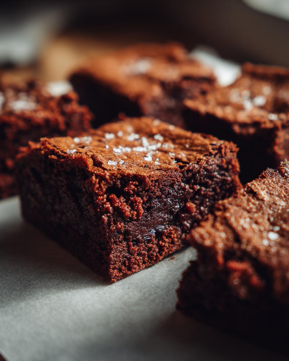 Close-up of rich, fudgy 5-Ingredient Peanut Butter Brownies sprinkled with sea salt.
