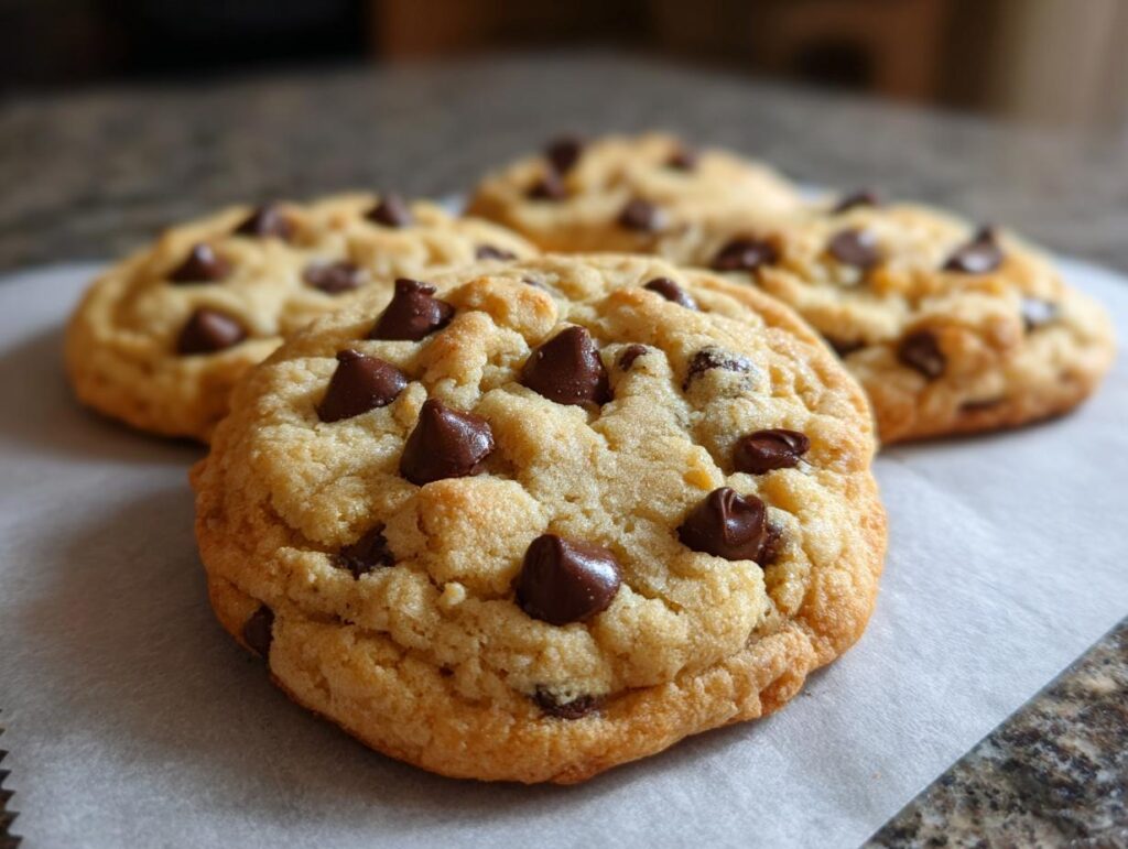 Close-up of freshly baked Classic Chocolate Chip Cookies with melted chocolate chips.