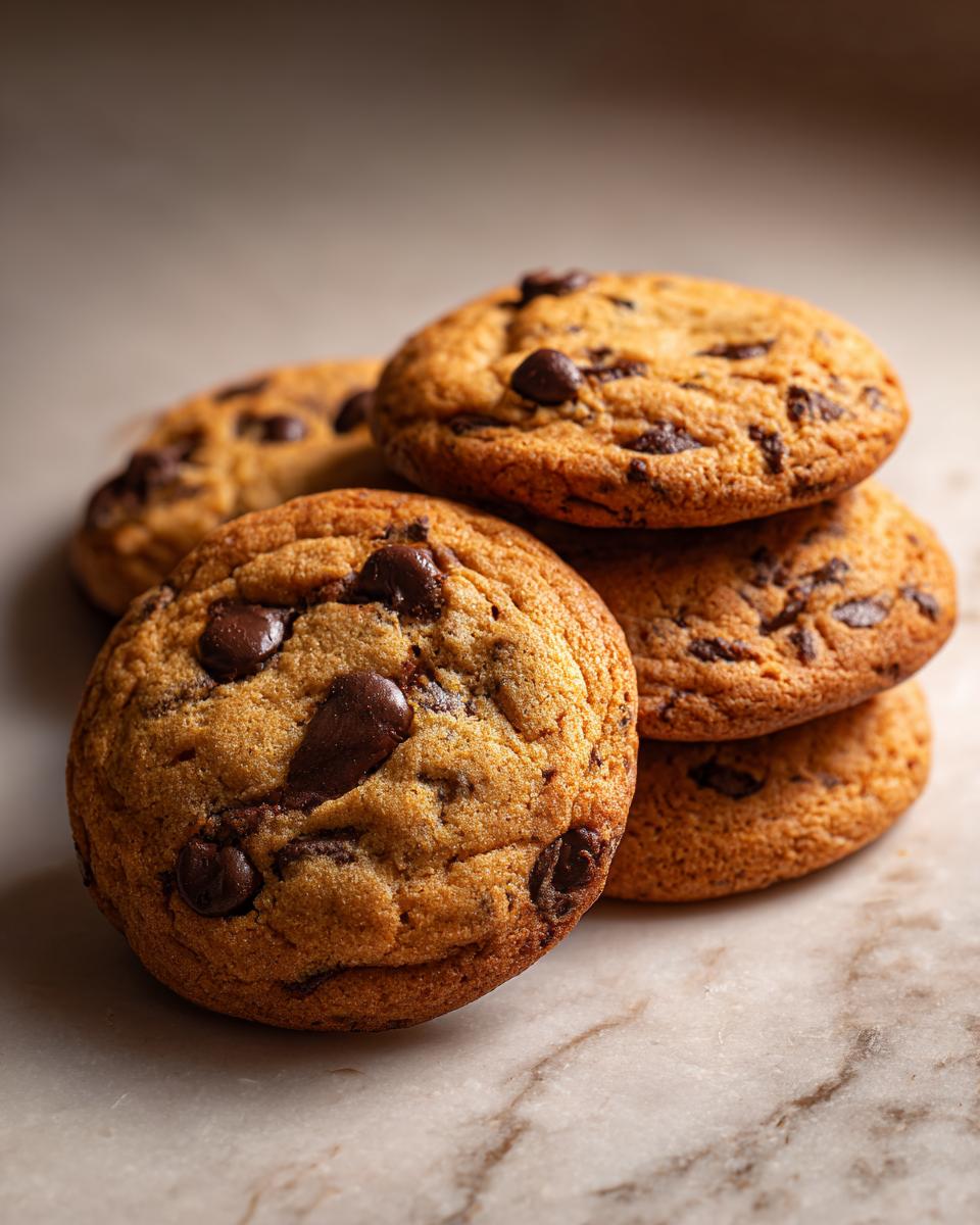 A close-up shot of a stack of warm, freshly baked Classic Chocolate Chip Cookies.