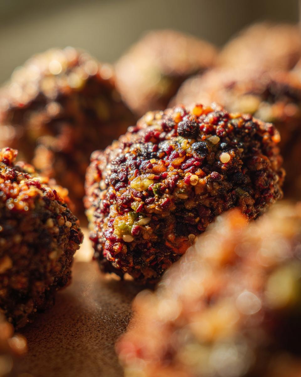 Close-up of several perfectly formed Easy Black Bean Meatballs, showing their textured, seasoned exterior.