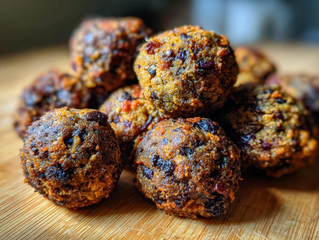 A close-up shot of a pile of golden-brown Easy Black Bean Meatballs on a wooden surface.