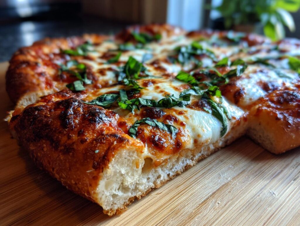 A close-up of a slice of easy Margherita pizza, featuring melted mozzarella, tomato sauce, and fresh basil on a wooden board.