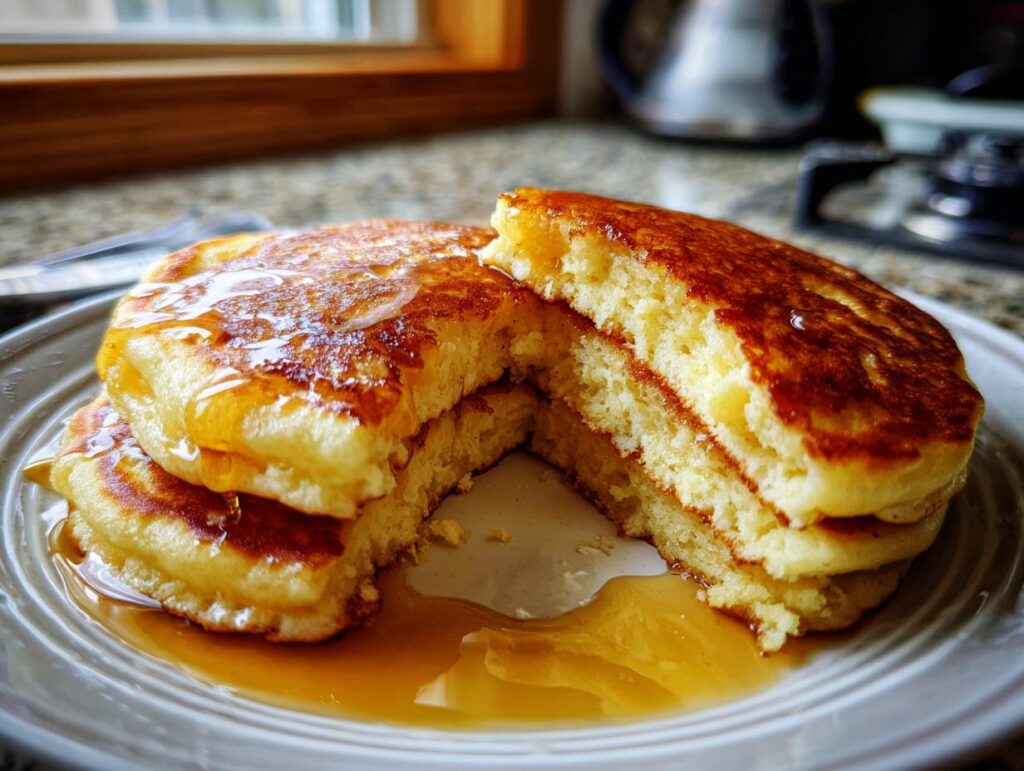 A stack of fluffy buttermilk pancakes drizzled with golden syrup on a white plate.
