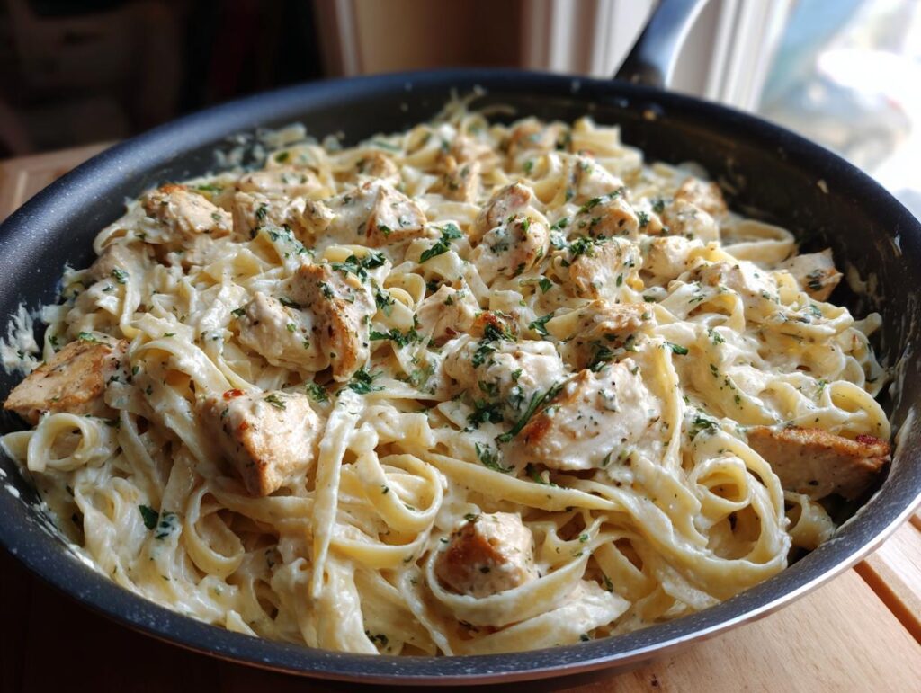 Close-up of a skillet filled with creamy One-Pot Chicken Alfredo pasta and garnished with parsley.