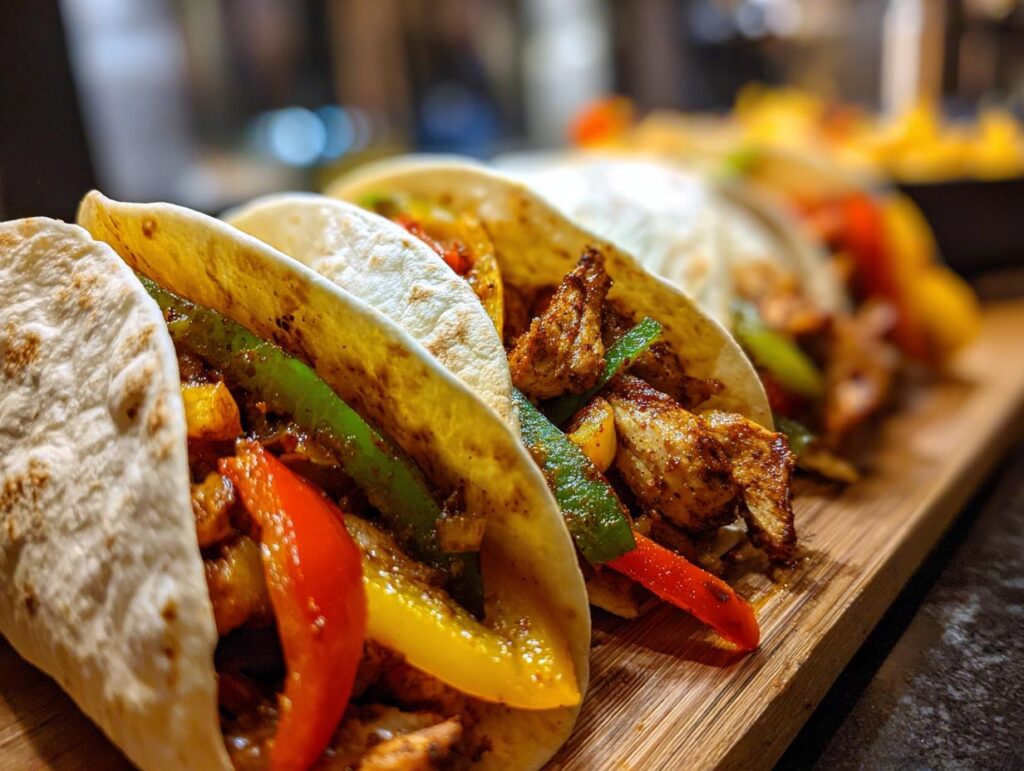 Close-up of 20-Minute Sheet Pan Chicken Fajitas with chicken, peppers, and tortillas.