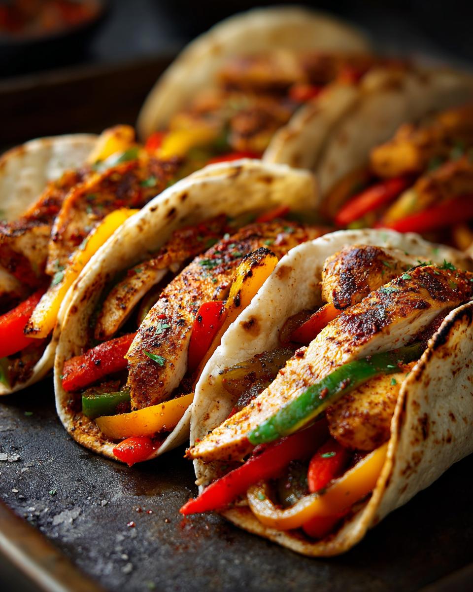 Close-up of 20-Minute Sheet Pan Chicken Fajitas with chicken, peppers, and tortillas.