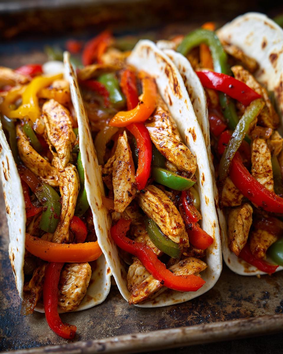 Close-up of 20-Minute Sheet Pan Chicken Fajitas filled with chicken and colorful bell peppers in tortillas.