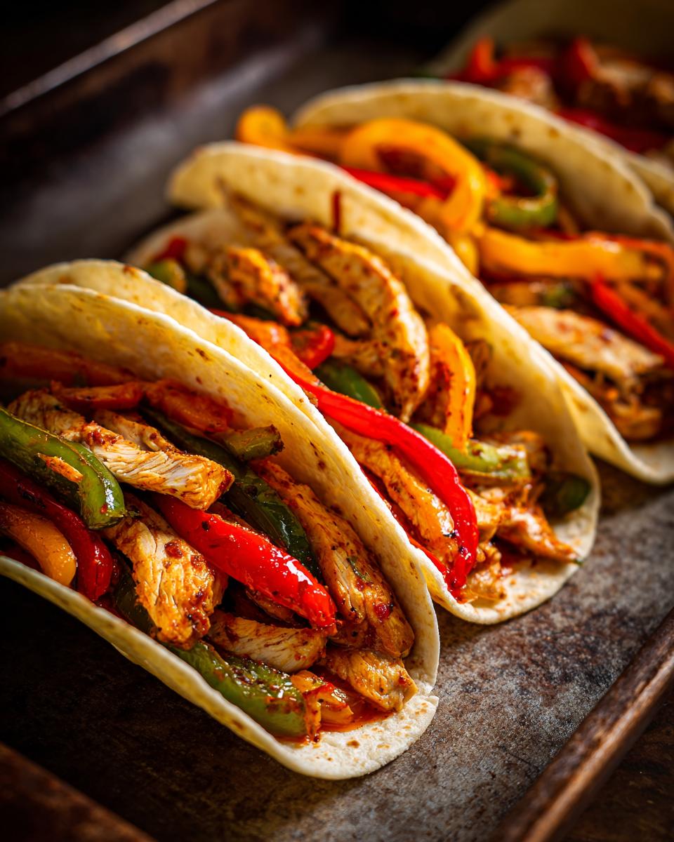 Close-up of delicious 20-Minute Sheet Pan Chicken Fajitas in tortillas, with chicken, peppers, and onions.
