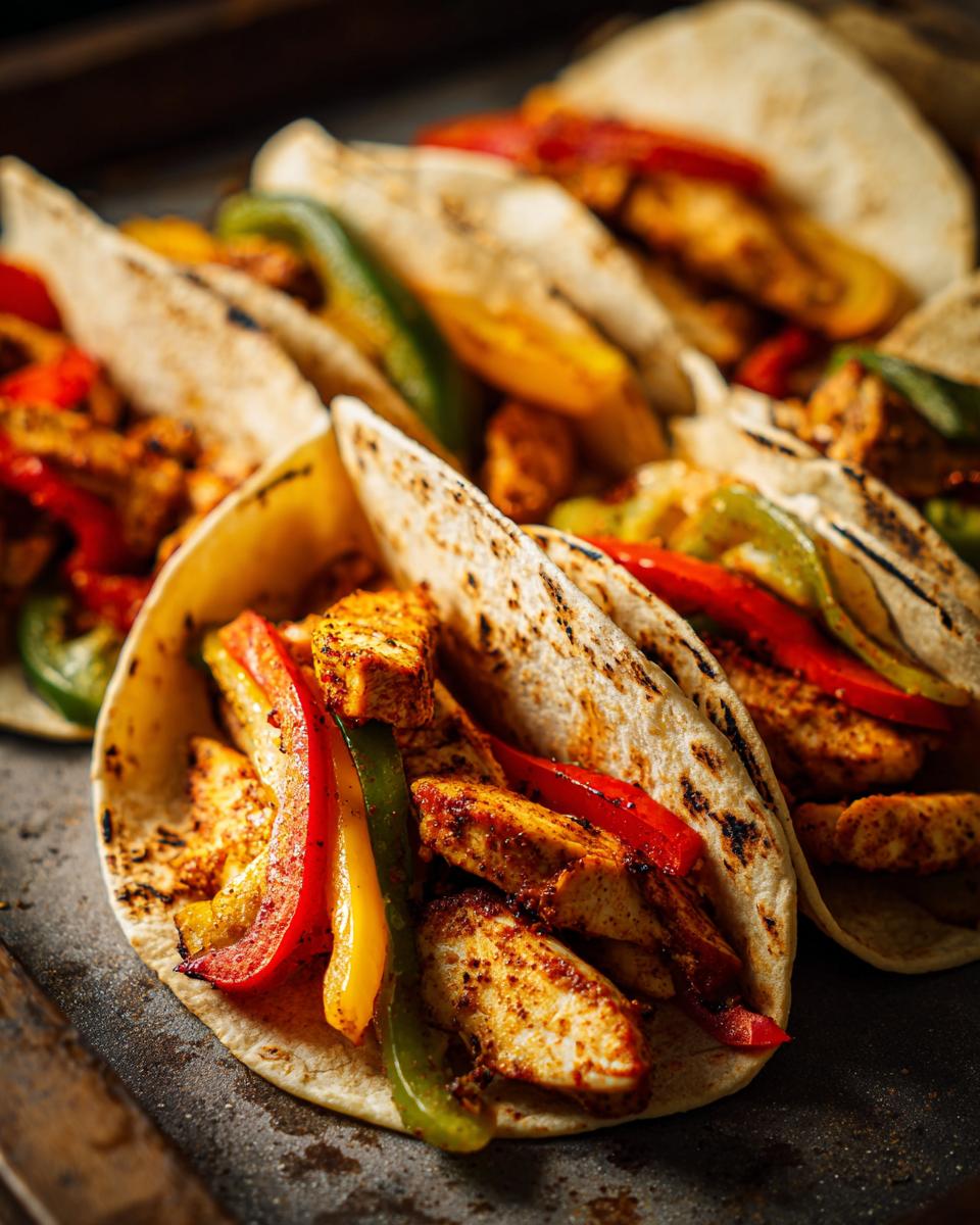 Close-up of delicious 20-Minute Sheet Pan Chicken Fajitas filled with chicken and colorful peppers.