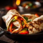 Close-up of a wrapped 20-Minute Sheet Pan Chicken Fajitas with chicken, peppers, and onions.