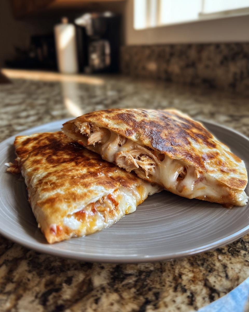 Close-up of a sliced 3-Ingredient BBQ Chicken Quesadilla with melted cheese and chicken filling.