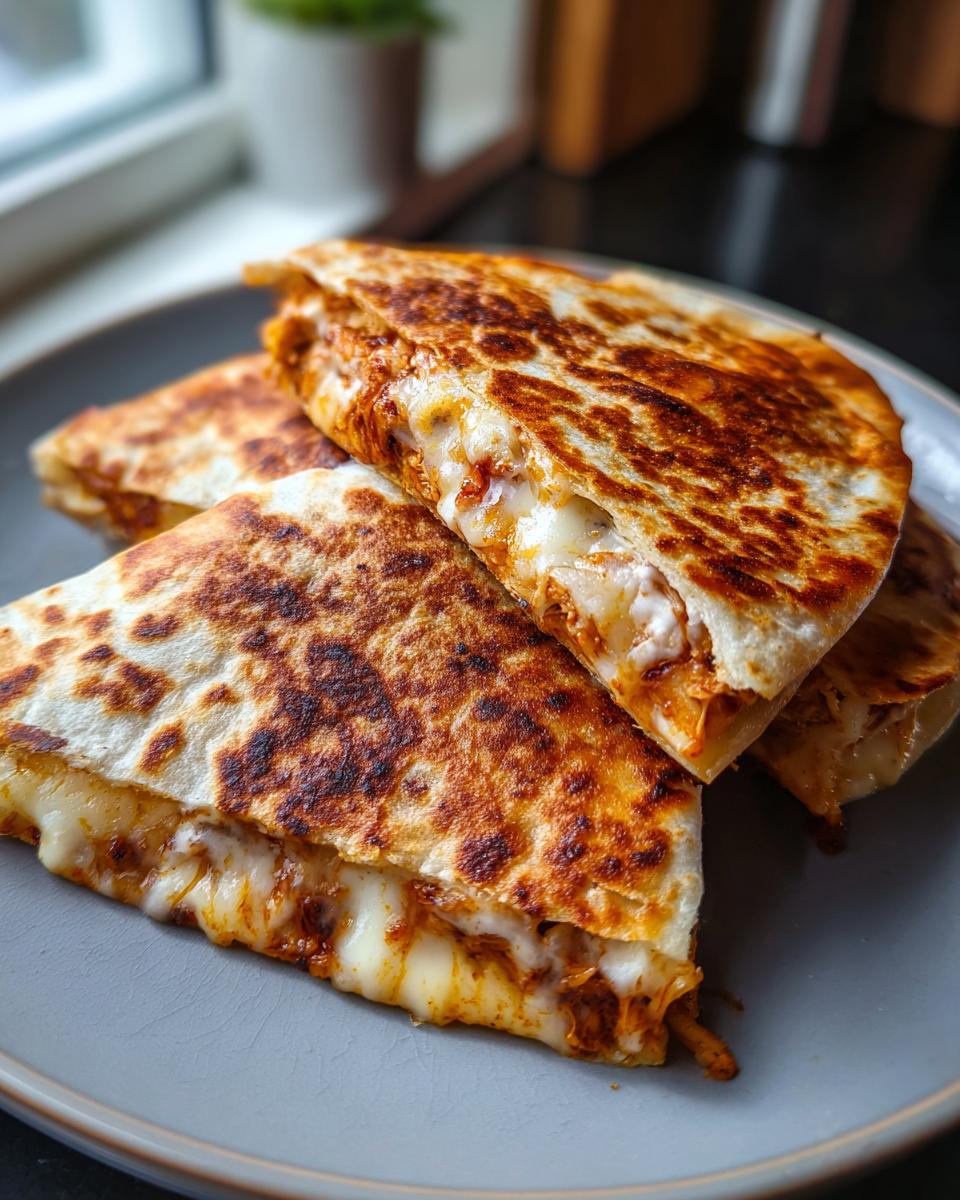 Close-up of golden brown 3-Ingredient BBQ Chicken Quesadillas on a plate, with melted cheese.