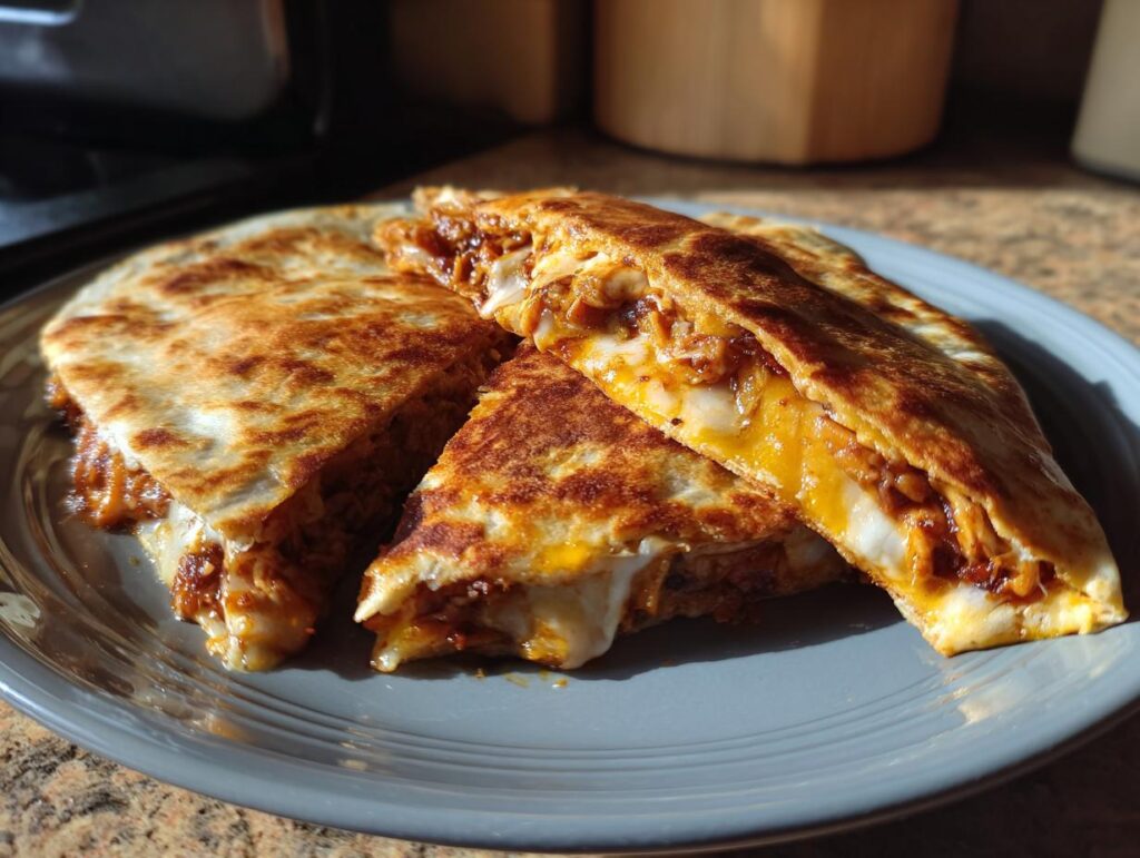 Close-up of sliced 3-Ingredient BBQ Chicken Quesadillas showing melted cheese and filling.