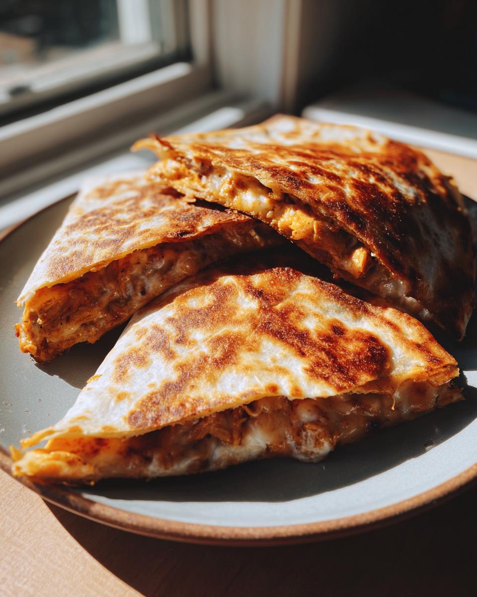 Close-up of sliced 3-Ingredient BBQ Chicken Quesadillas on a plate, showing the filling.