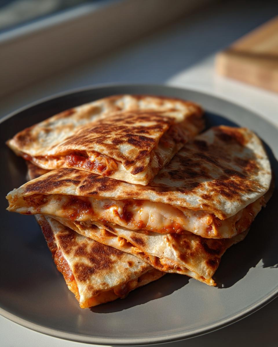 Close-up of a stack of delicious 3-Ingredient BBQ Chicken Quesadillas on a grey plate.