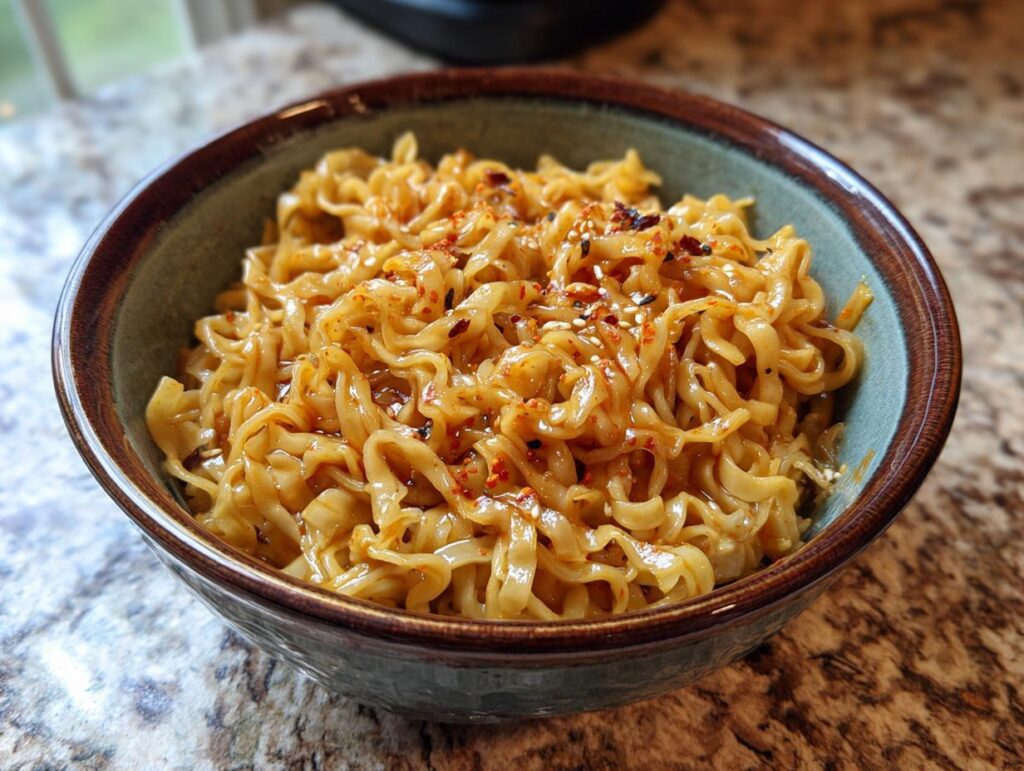 Close-up of a bowl of 3-ingredient ramen stir-fry with sesame seeds and chili flakes.