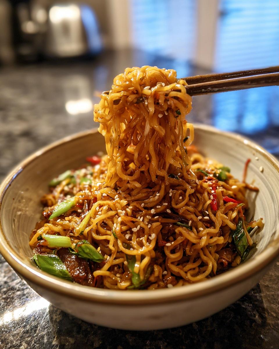 Close-up of a bowl of 3-Ingredient Ramen Stir-Fry with chopsticks lifting noodles.