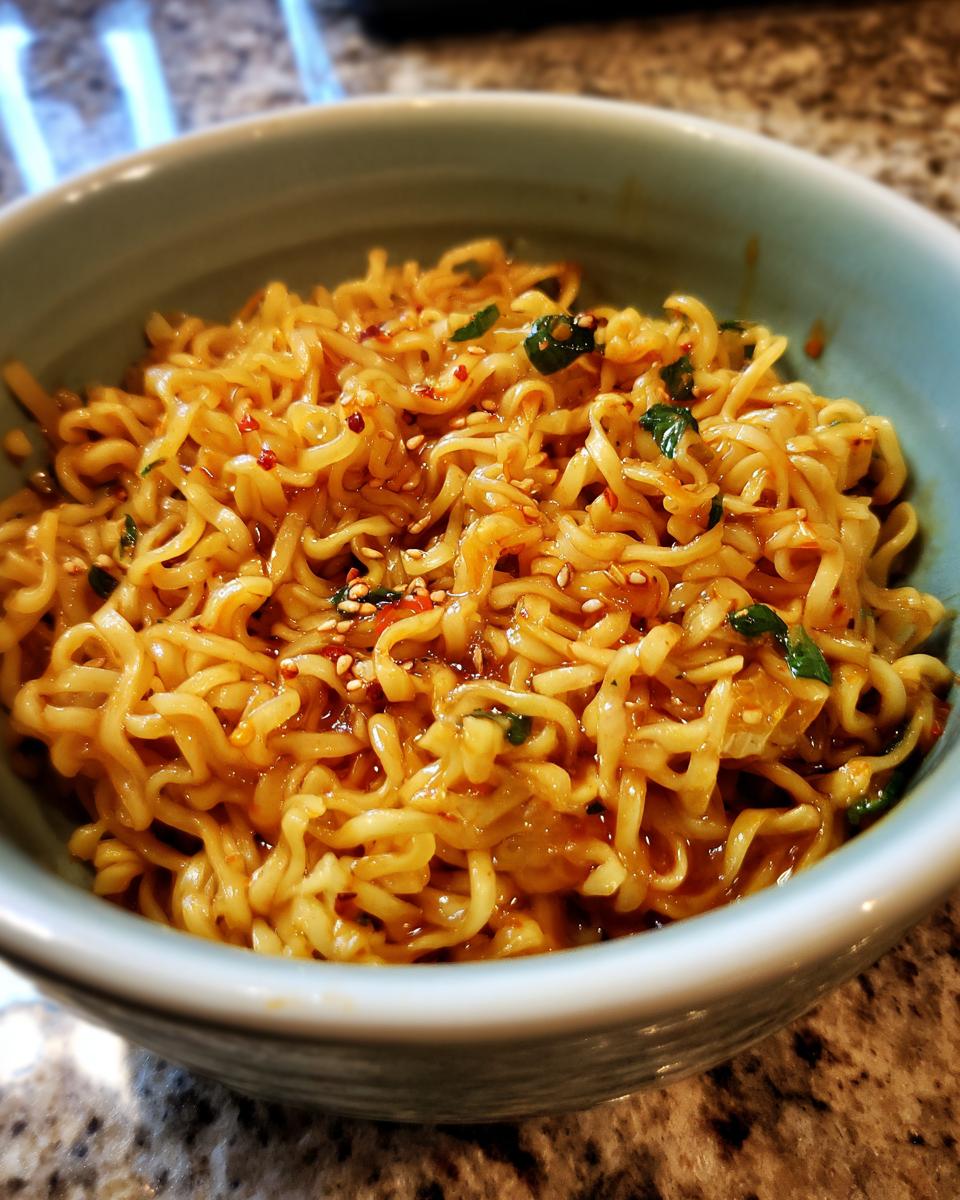 Close-up of a bowl of 3-Ingredient Ramen Stir-Fry, showing noodles and sauce.