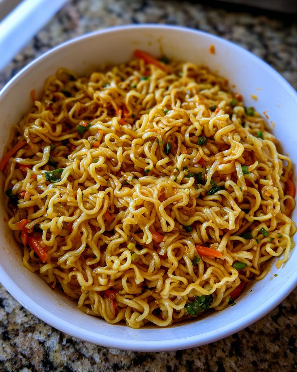 Close-up of a bowl of 3-Ingredient Ramen Stir-Fry with noodles, vegetables, and sauce.