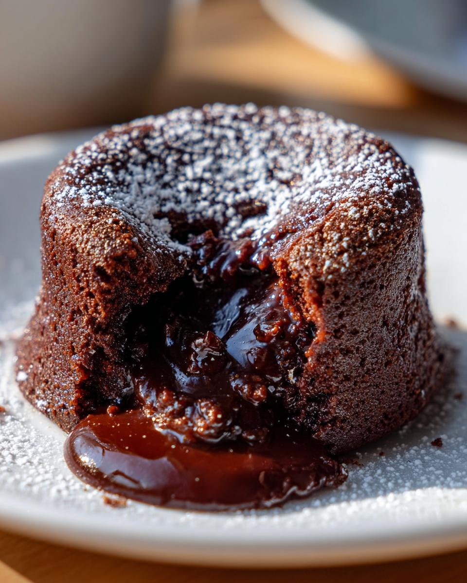 Close-up of a 4-Ingredient Nutella Lava Cake with molten chocolate center and powdered sugar.