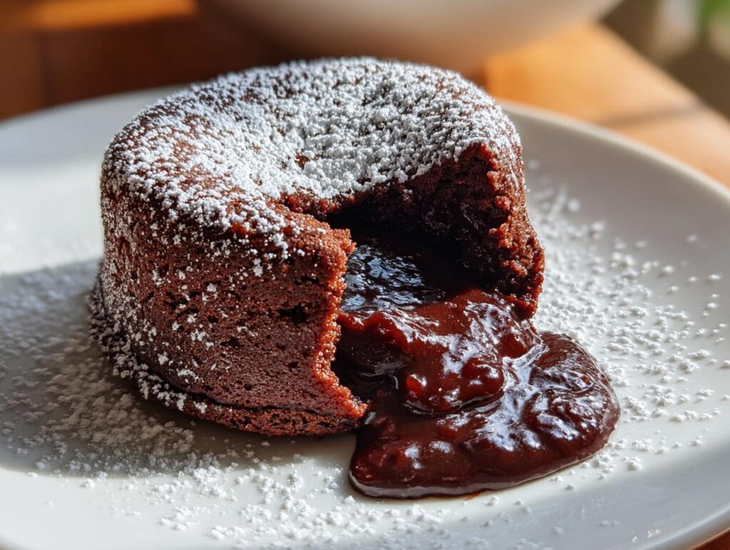 Close-up of a 4-ingredient Nutella lava cake with a molten chocolate center, dusted with powdered sugar.