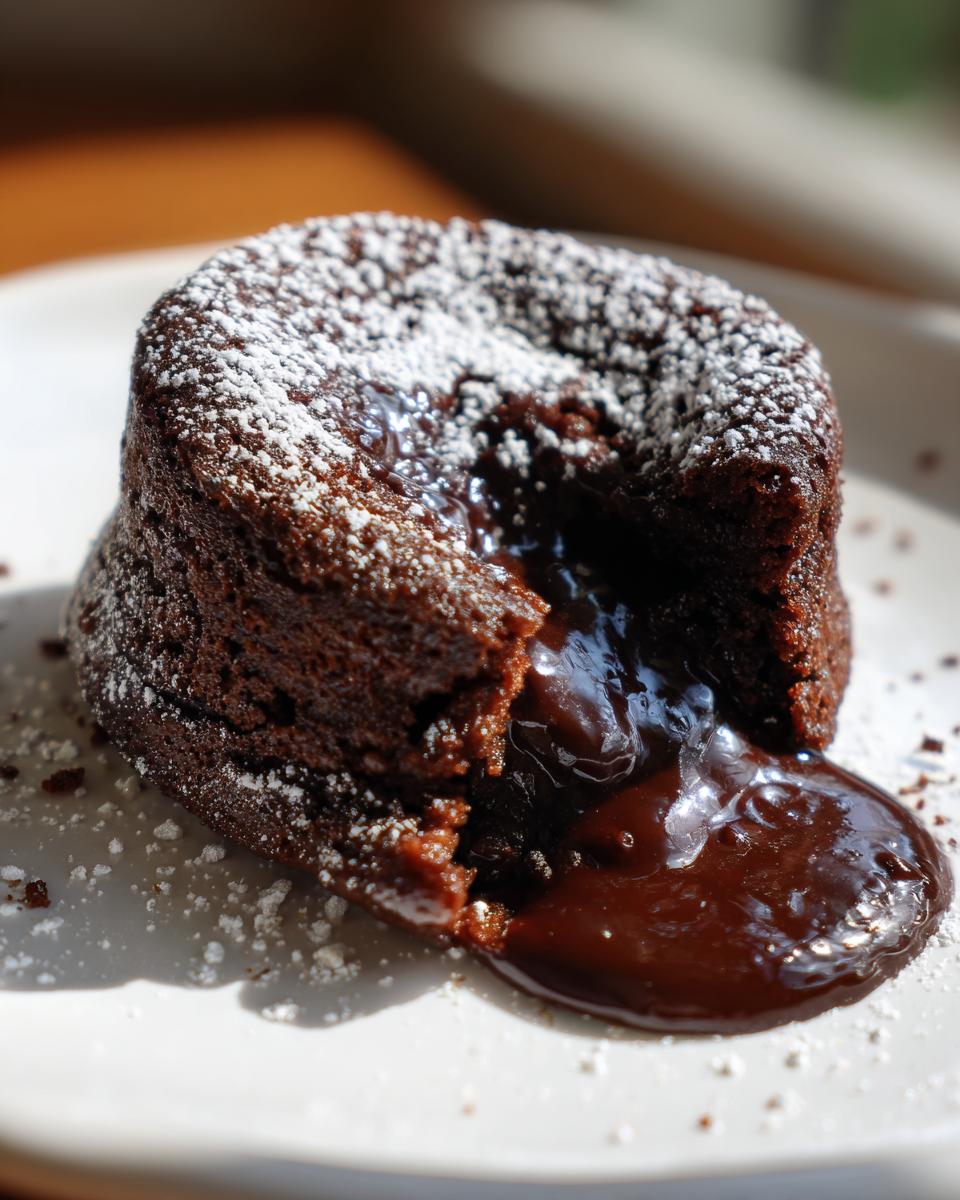 Close-up of a 4-Ingredient Nutella Lava Cake with molten chocolate center, dusted with powdered sugar.