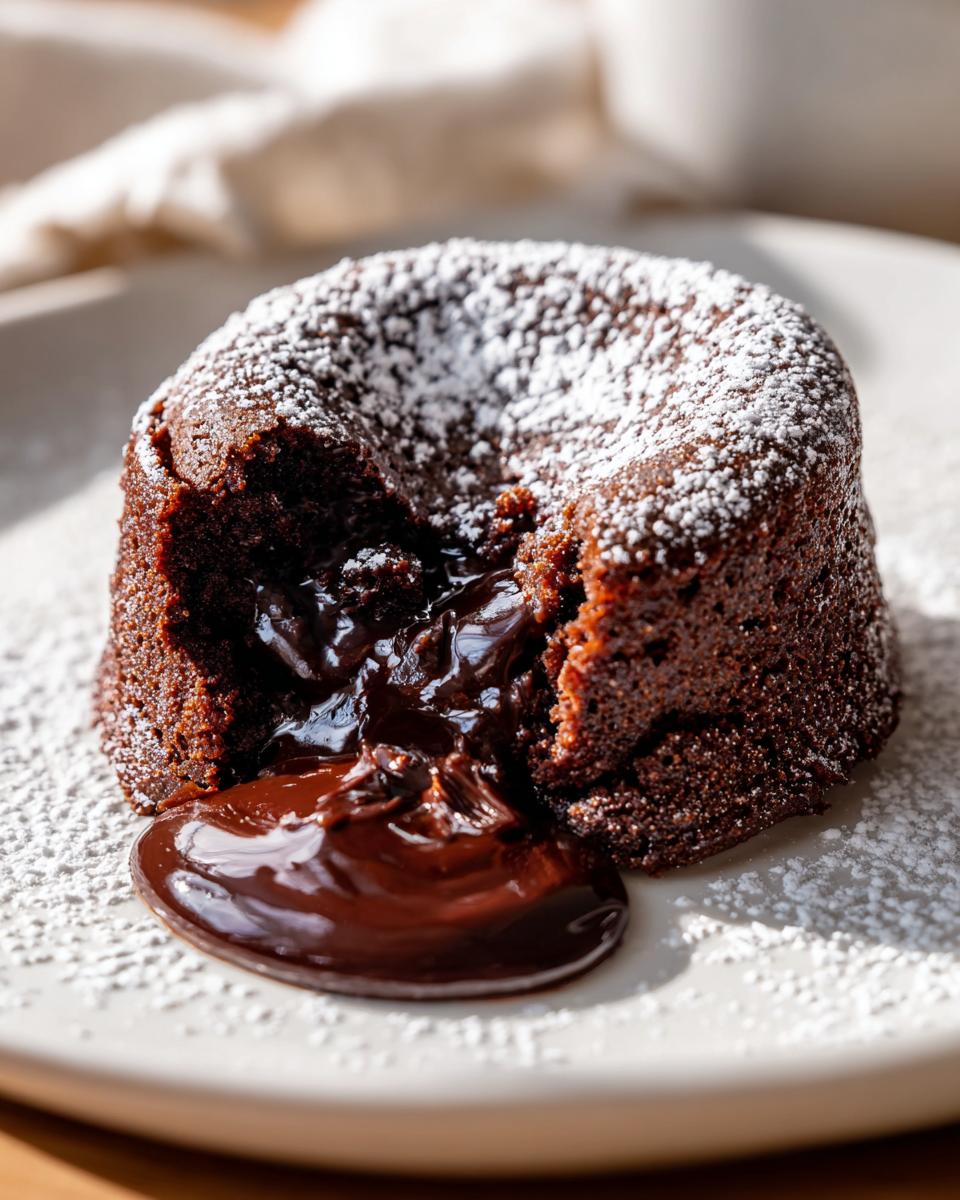 Close-up of a 4-Ingredient Nutella Lava Cake with molten chocolate center and powdered sugar.