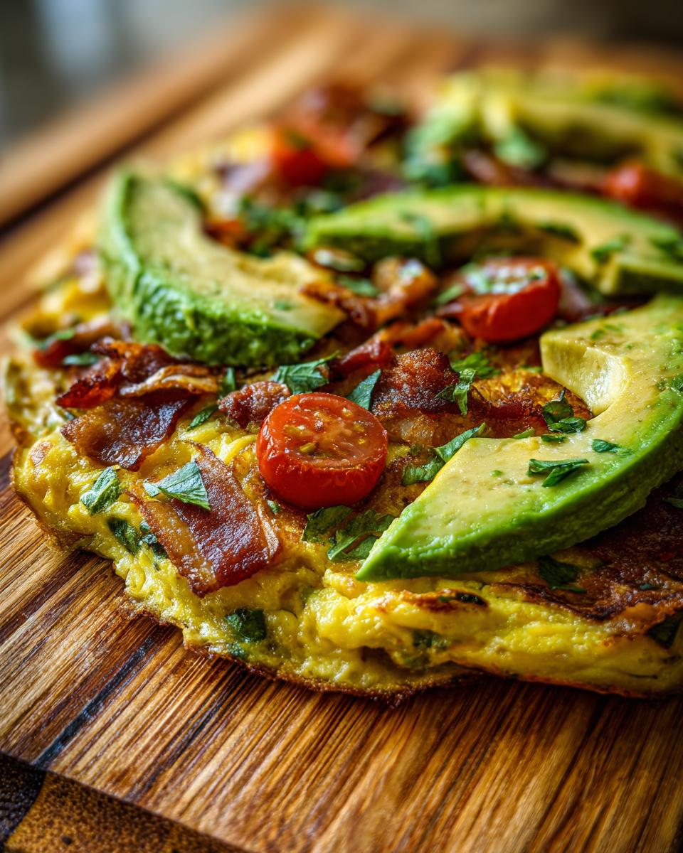 Close-up of a 5-Ingredient Avocado Toast Omelette topped with avocado, bacon, and tomatoes.