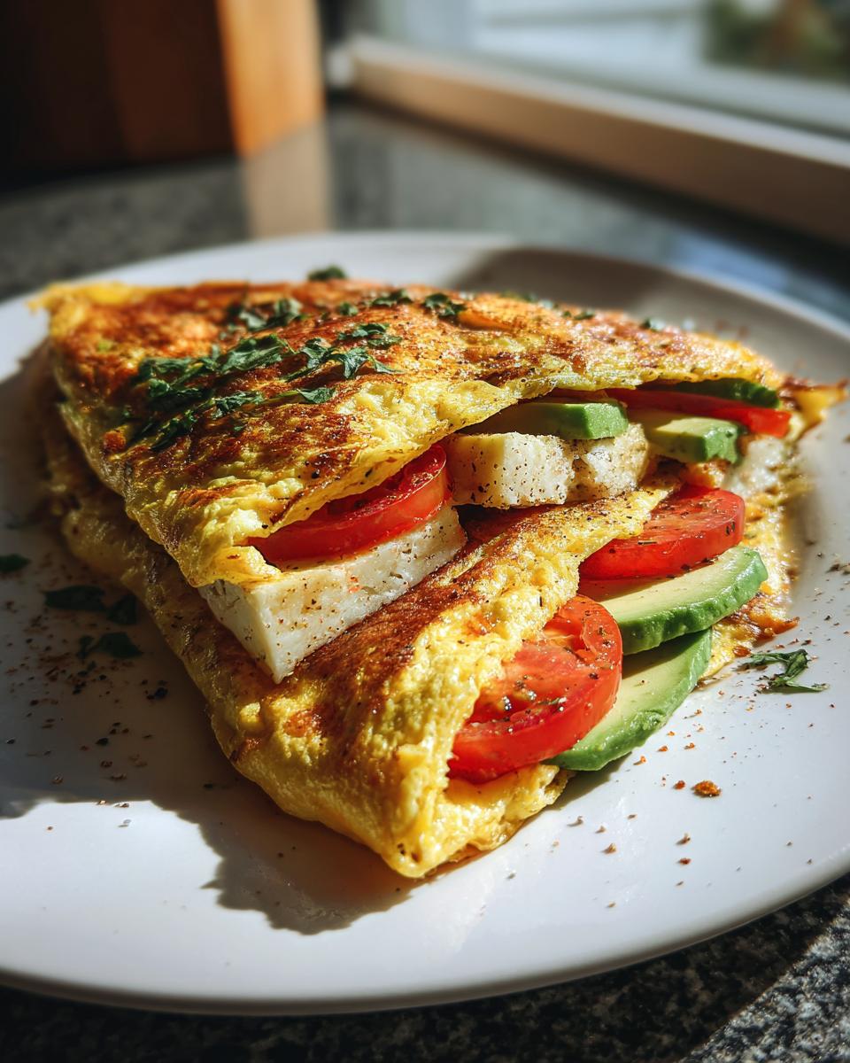 Close-up of a 5-Ingredient Avocado Toast Omelette filled with avocado, tomato, and cheese.