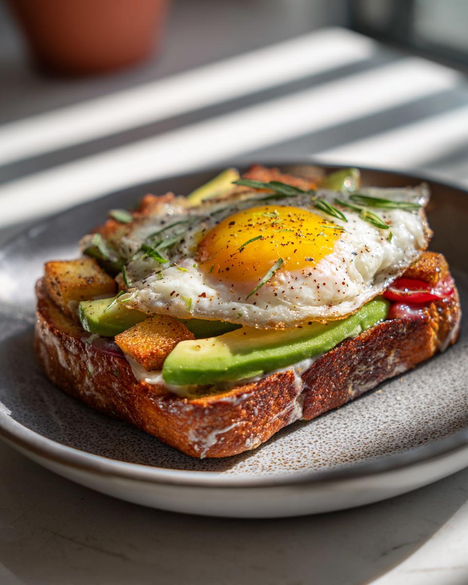 Close-up of a 5-Ingredient Avocado Toast Omelette with a fried egg, avocado, and croutons on toast.