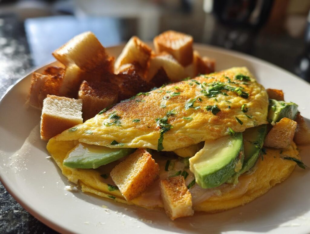 A plated 5-Ingredient Avocado Toast Omelette with avocado slices and croutons.