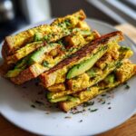 Stack of 5-Ingredient Avocado Toast Omelette slices on a white plate, with avocado and seasoning.