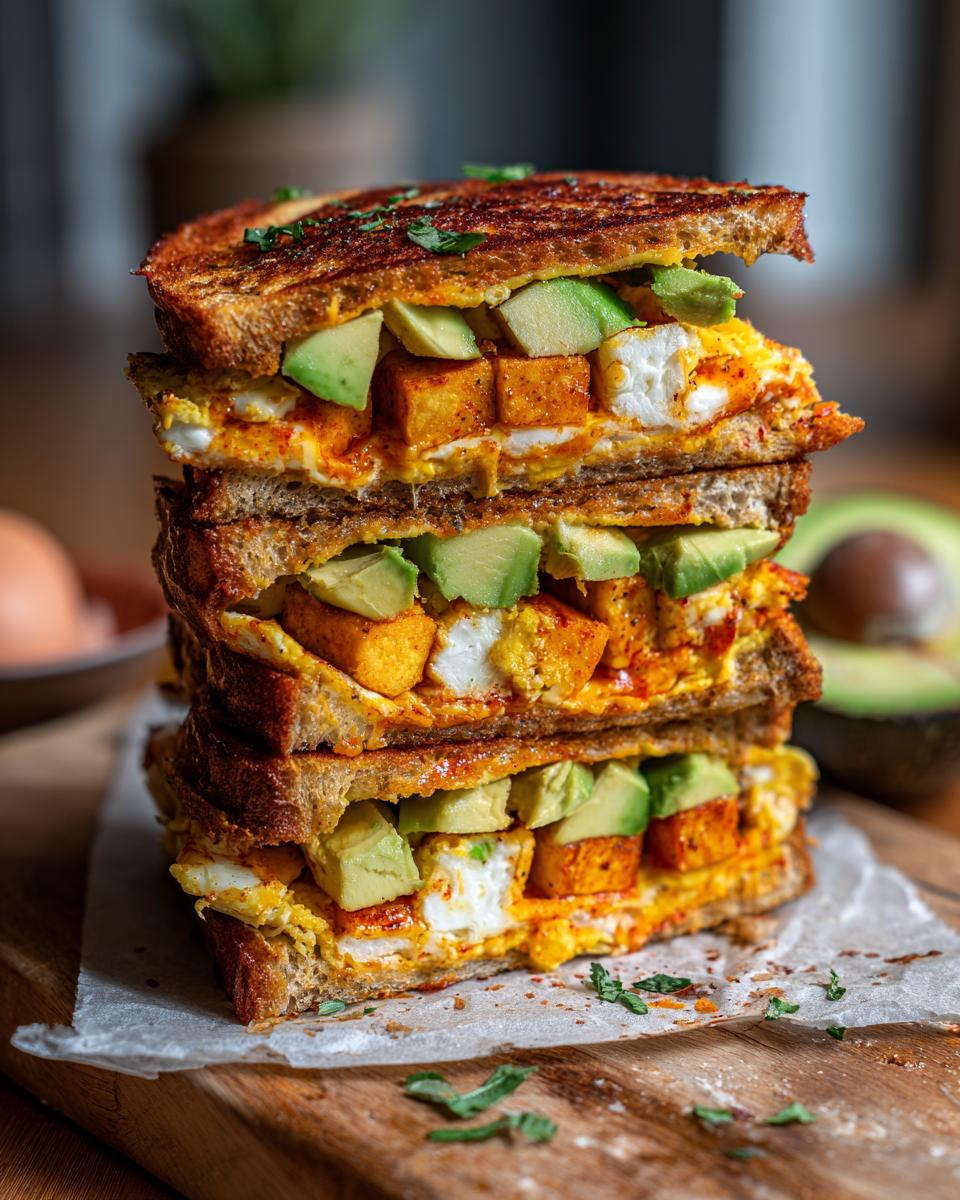 A tall stack of 5-Ingredient Avocado Toast Omelette sandwiches with avocado and tofu.