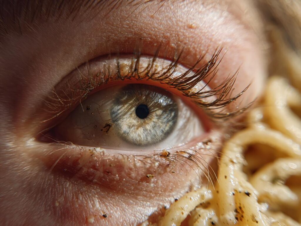 Close-up of an eye with 5-Minute Lazy Girl Pasta, showing the pasta and eye detail.