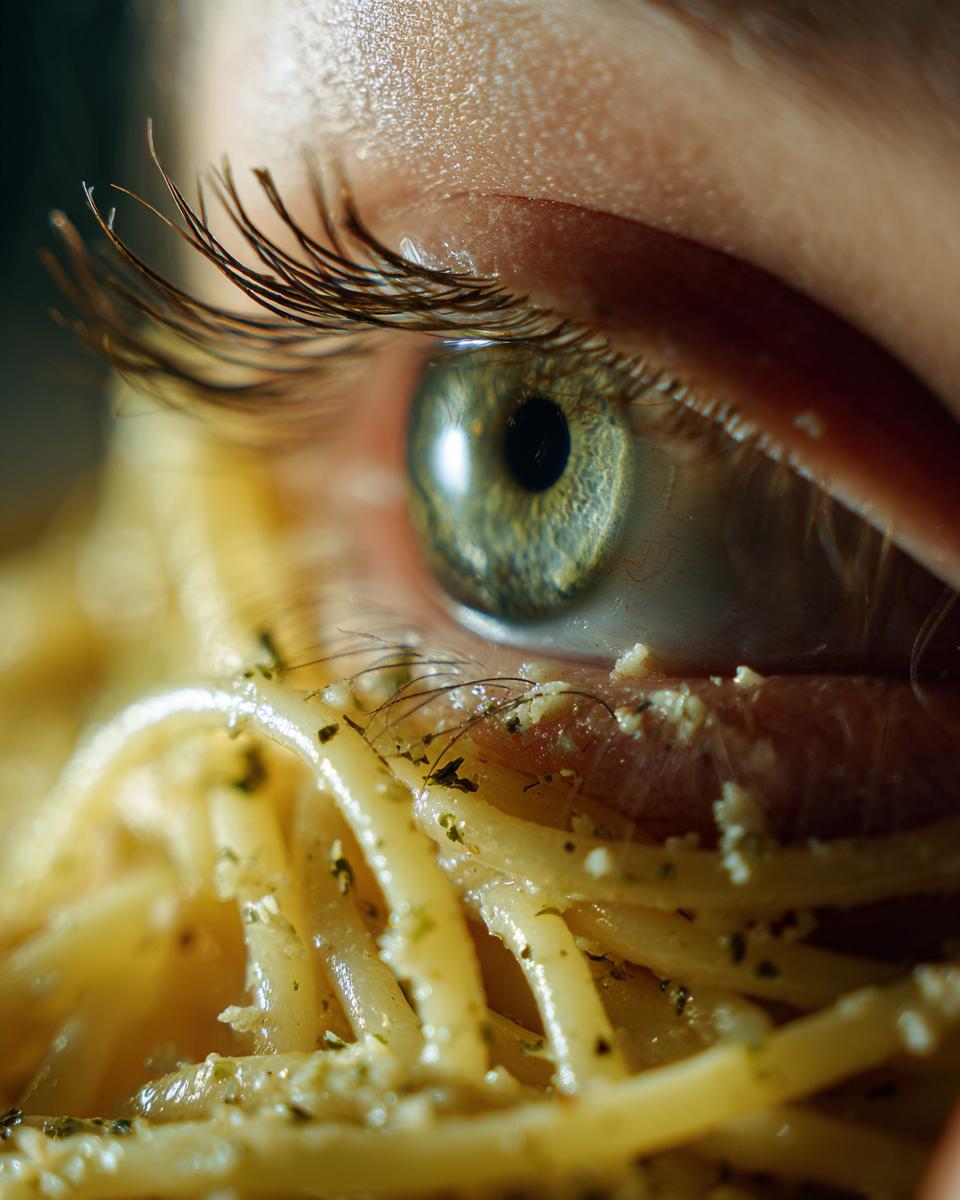 Close-up of an eye with 5-Minute Lazy Girl Pasta, showing the delicious garlic parmesan.