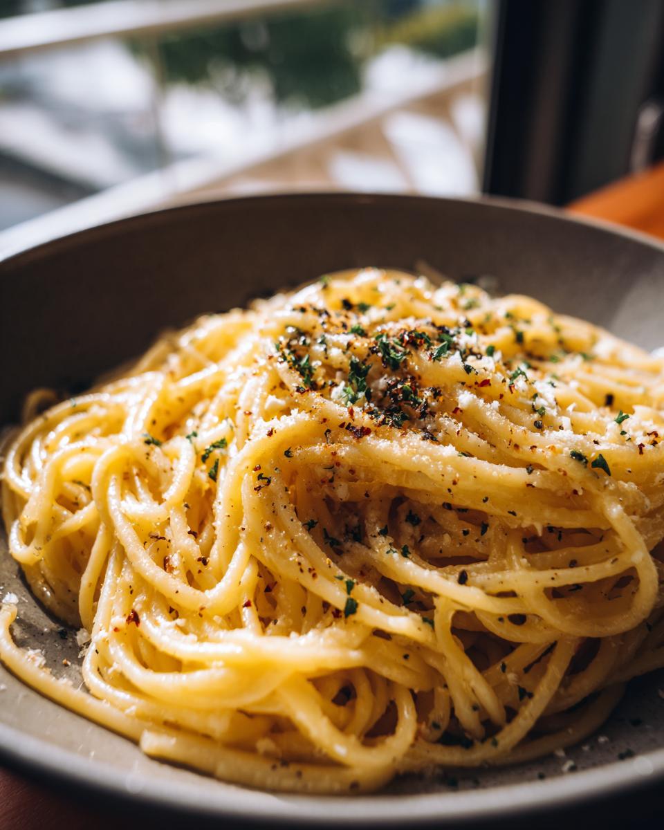 Close-up of 5-Minute Lazy Girl Pasta with Garlic Parmesan, topped with herbs and cheese.