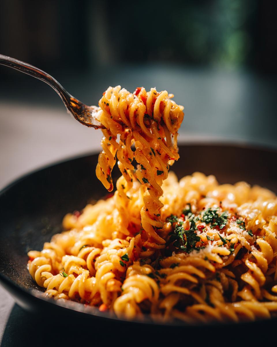 Close-up of 5-Minute Lazy Girl Pasta with Garlic Parmesan on a fork, showing the pasta and sauce.