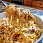 Close-up of 5-Minute Lazy Girl Pasta with Garlic Parmesan on a fork, showing the creamy sauce and cheese.