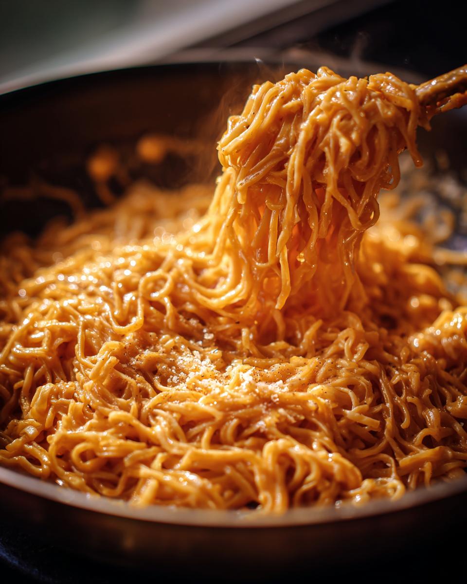 Close-up of steaming 5-Minute Lazy Girl Pasta with Garlic Parmesan in a pan, pasta being lifted with tongs.