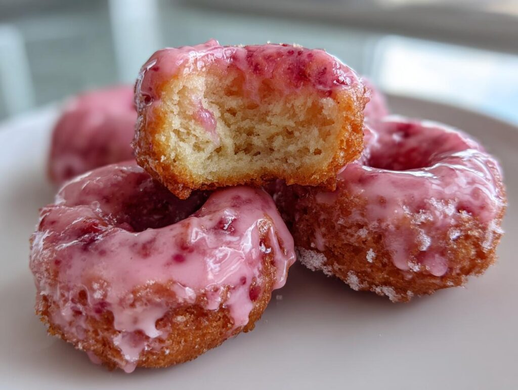 Close-up of air fryer mini donuts with strawberry glaze. One donut is bitten.
