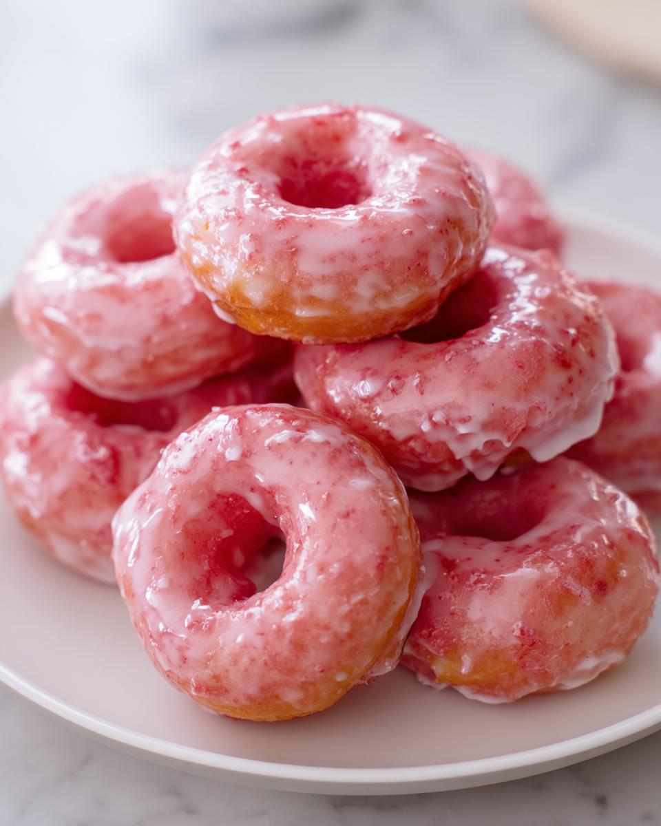 Pile of air fryer mini donuts with vibrant pink strawberry glaze, ready to eat.