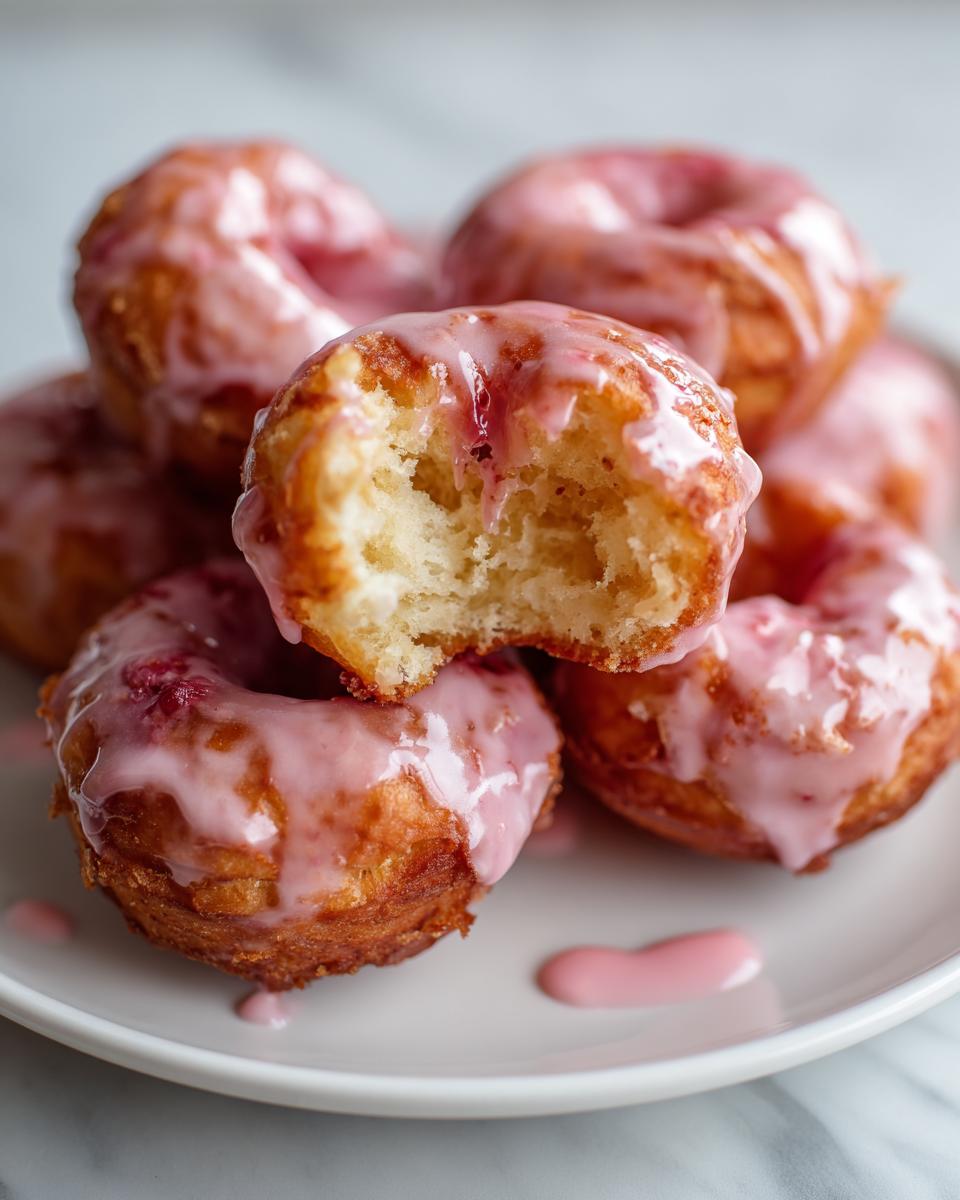 Close-up of air fryer mini donuts with strawberry glaze, showing a bite taken out of one.