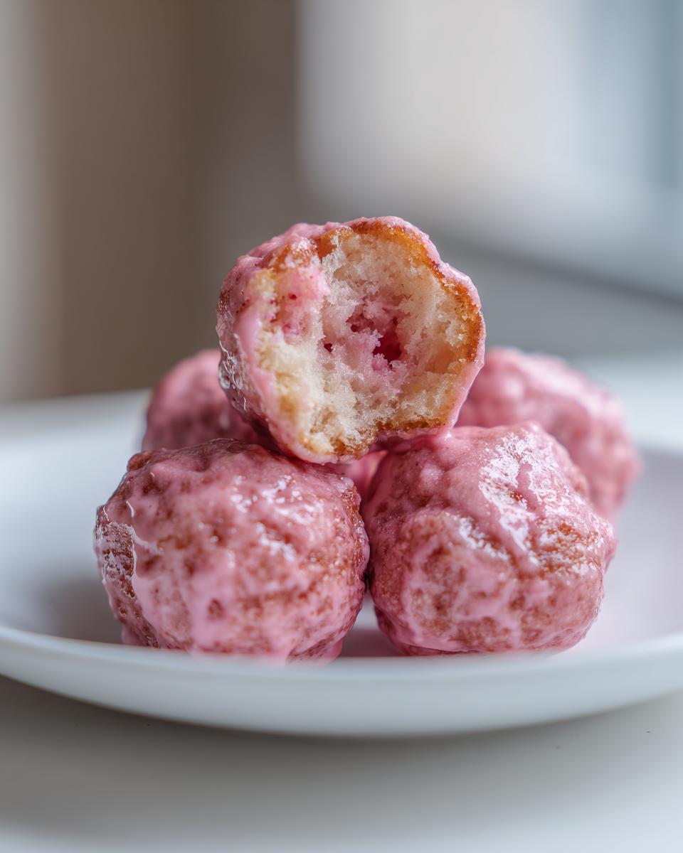 Close-up of Air Fryer Mini Donuts with Strawberry Glaze, showing the texture and glaze.