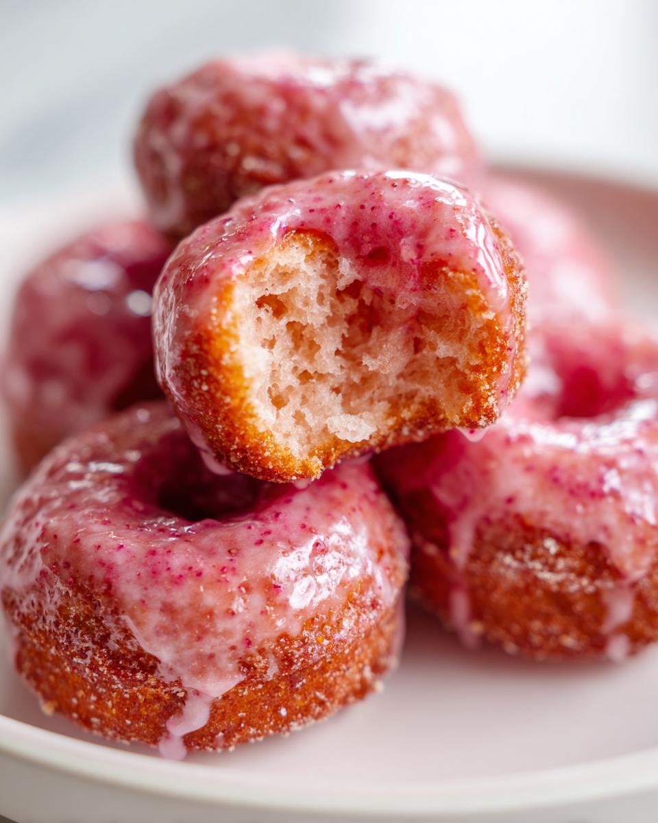 Close-up of air fryer mini donuts with strawberry glaze, showing the texture and bite.