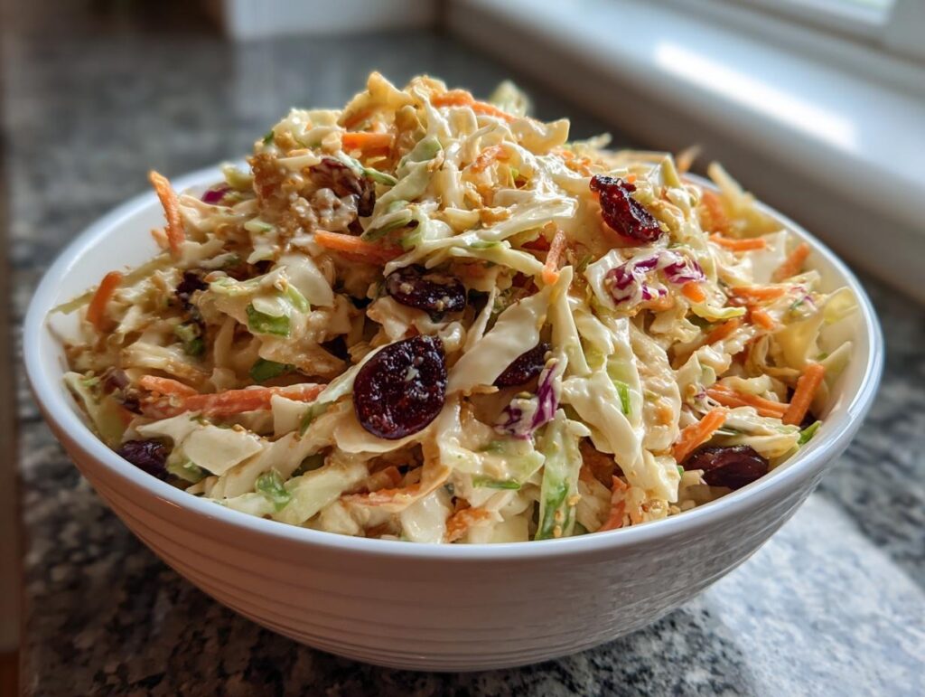 A bowl of delicious Apple Cranberry Coleslaw with cranberries and carrots.