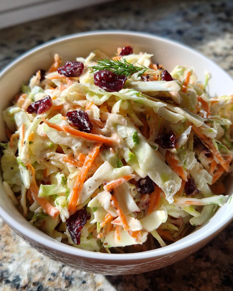 Close-up of a bowl of Apple Cranberry Coleslaw, featuring shredded cabbage, carrots, cranberries, and dressing.