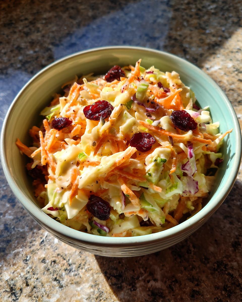 A bowl of Apple Cranberry Coleslaw with shredded cabbage, carrots, and cranberries.
