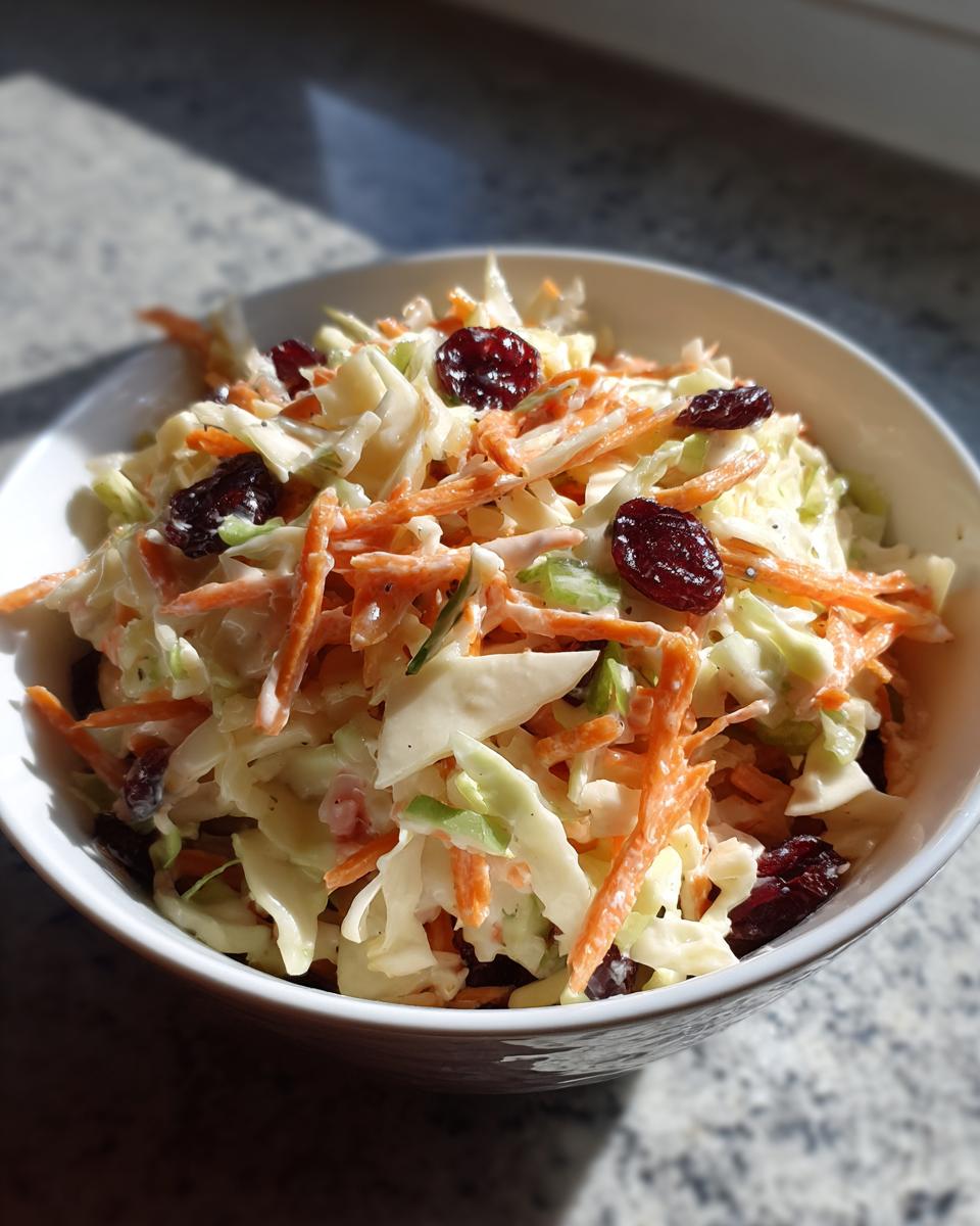 A bowl of fresh Apple Cranberry Coleslaw with cranberries, carrots, and cabbage.