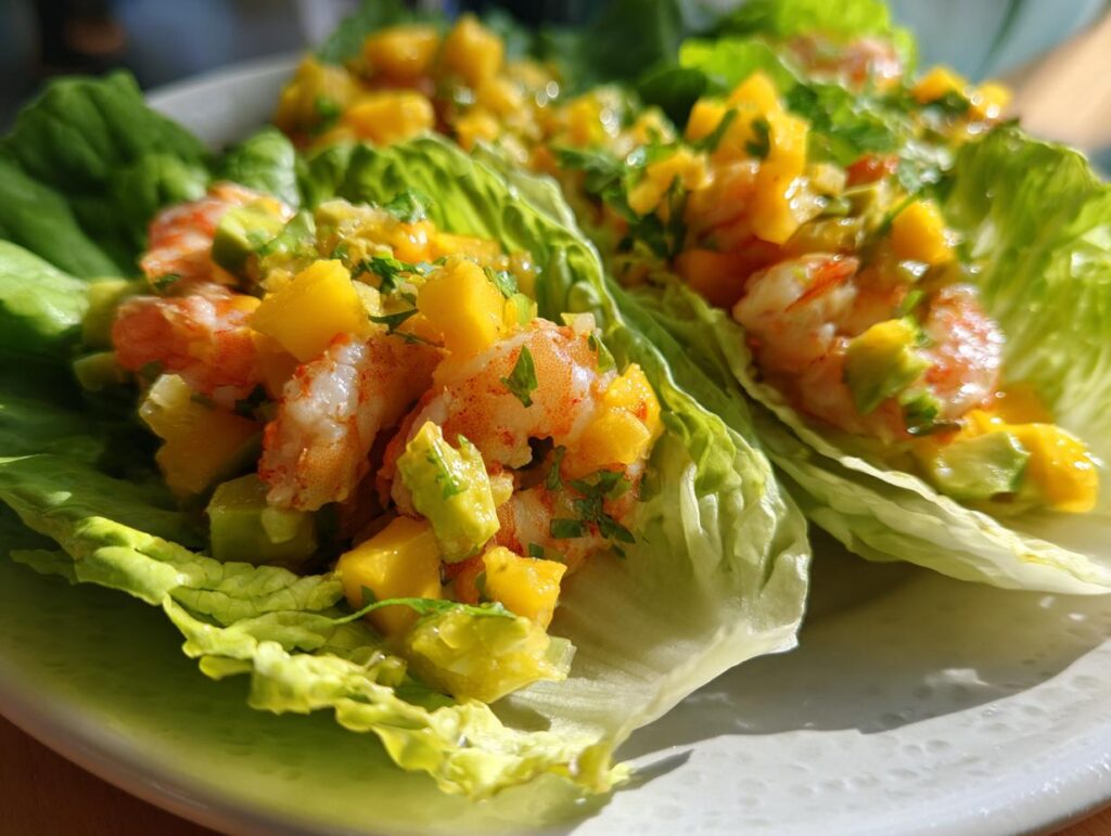 Close-up of Avocado Mango Shrimp Lettuce Wraps, a healthy and delicious meal.
