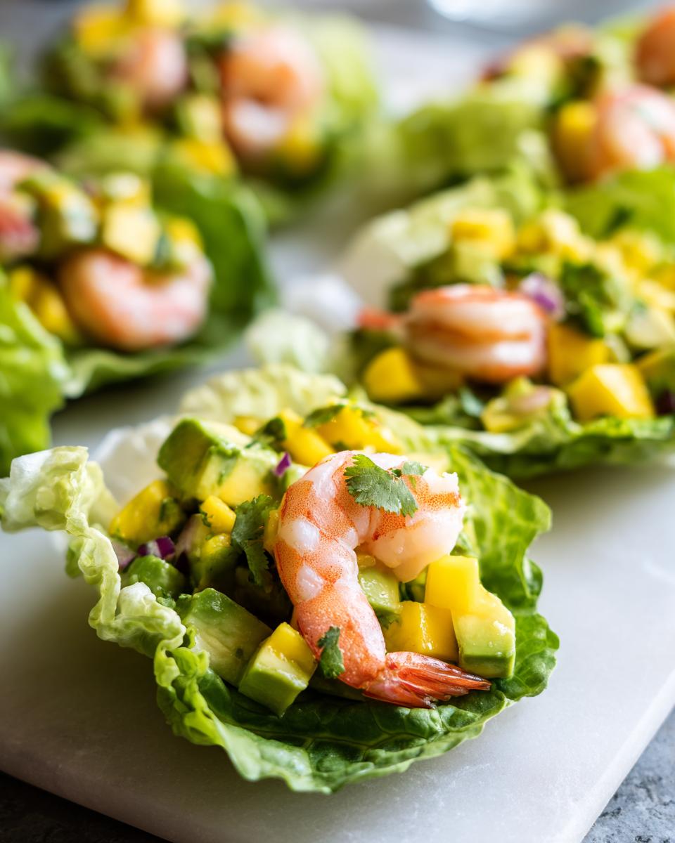 Close-up of Avocado Mango Shrimp Lettuce Wraps, a healthy and delicious meal.